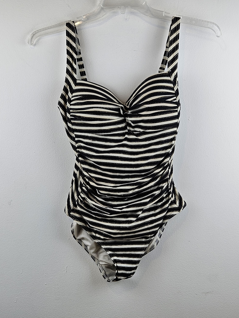 Niptuck Striped Black & Cream w/Gold One-Piece Swimsuit with Sweetheart Neckline